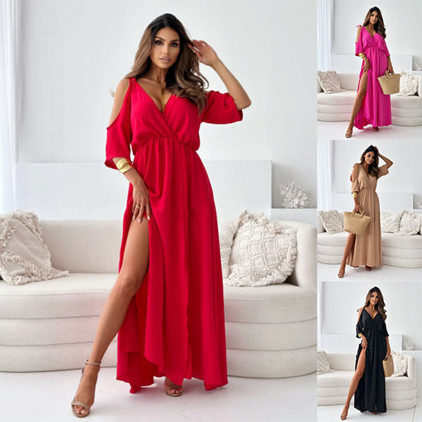 Collar Slit Hemline Sleeves Sexy Strap Dress
