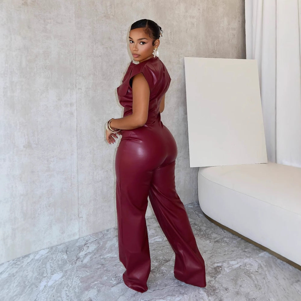 Women's Beautiful Versatile Trousers Sleeveless Leather Jumpsuits