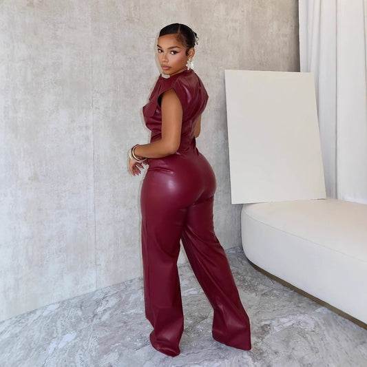 Women's Beautiful Versatile Trousers Sleeveless Leather Jumpsuits