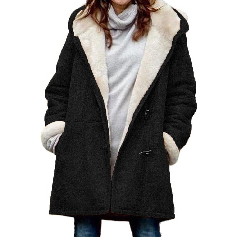 Women's Long Sleeve Horn Button Fleece-lined Warm Coats