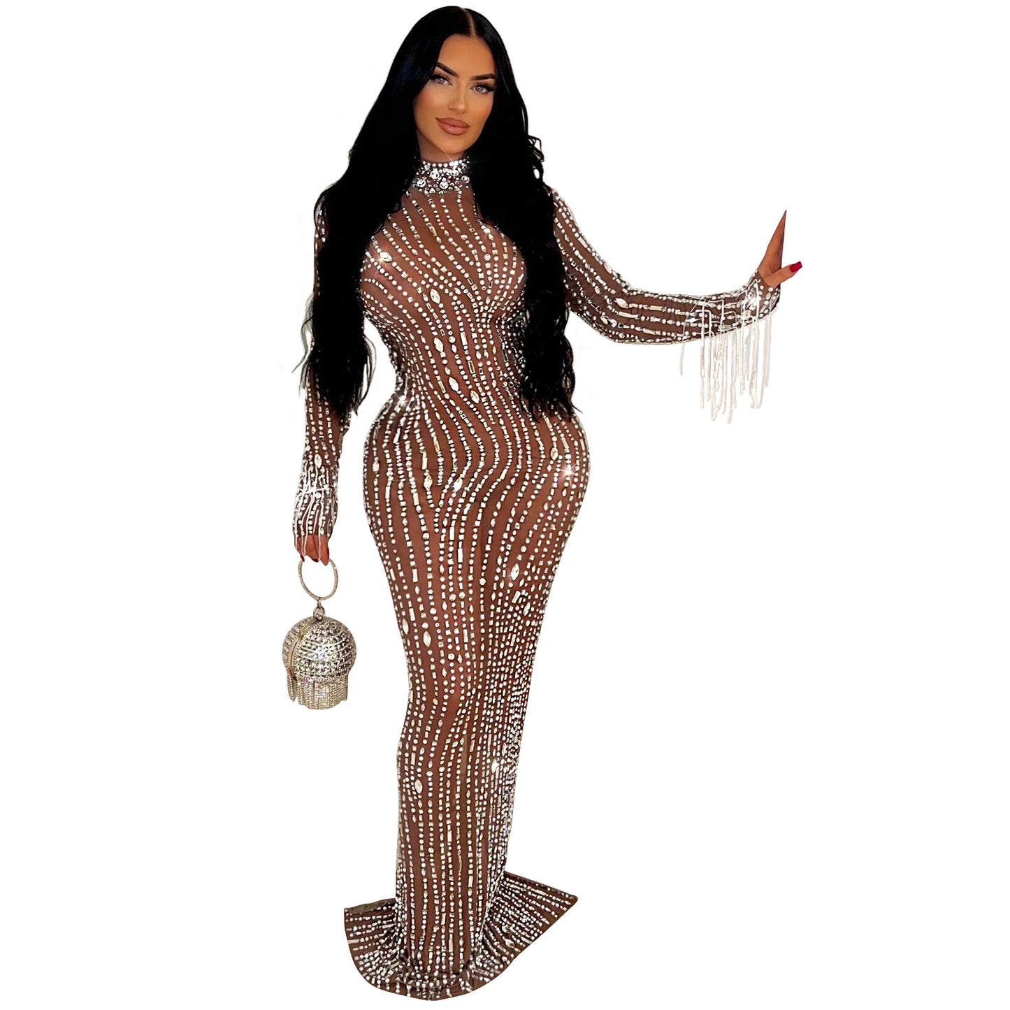 Women's Wear Pure Color Mesh Rhinestone Dress Dresses