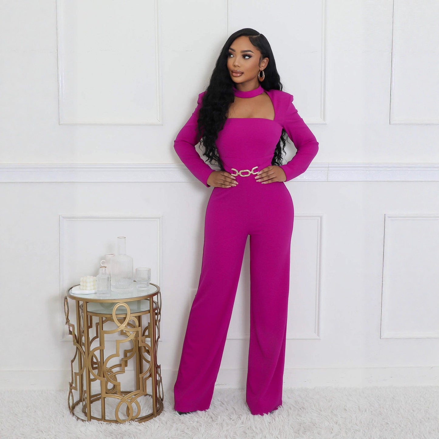 Women's Elegant Personalized Scarf Long Sleeve Wide Jumpsuits