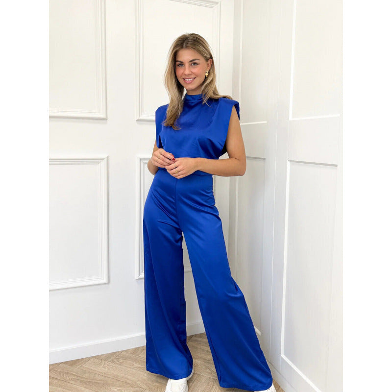 Women's Solid Color Stand Collar Sleeveless Loose Satin Backless Jumpsuits