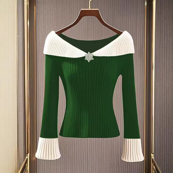Women's French Style Temperament Contrast Color Lapels Sweater