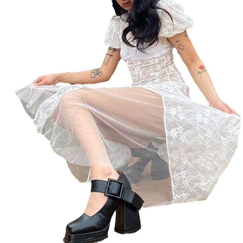 Summer French Court Puff Sleeve Split Dresses