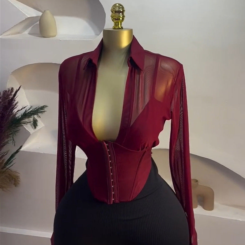 Women's Summer Dignified Sense Of Design Lapel Waist Tight Long Blouses