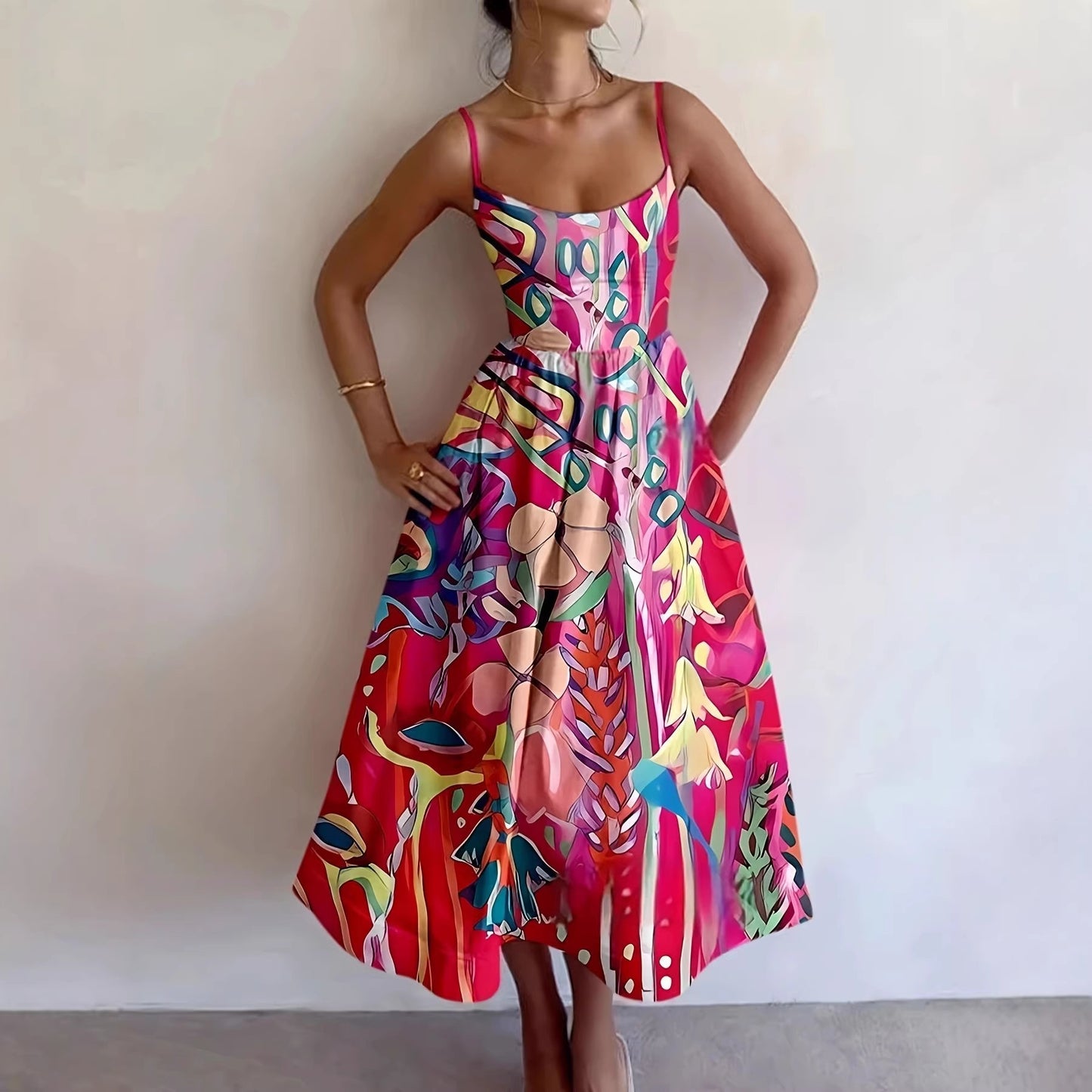 Women's Sense Printed Pleated Suspender Long Vacation Dress