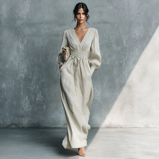 Women's Elegant Waist Long-sleeved Slimming French A- Line Dress