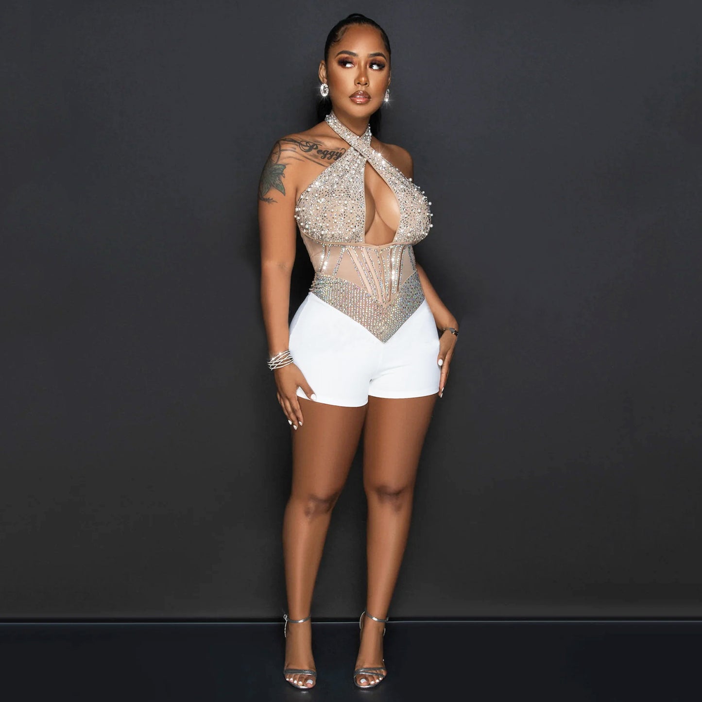 Women's Sexy Mesh Tight Halter Rhinestone Jumpsuits