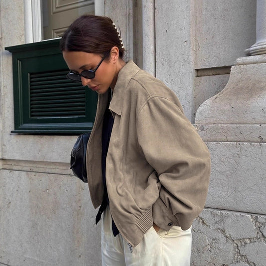 Women's Suede Winter Vintage Khaki Loose Lapels Jackets