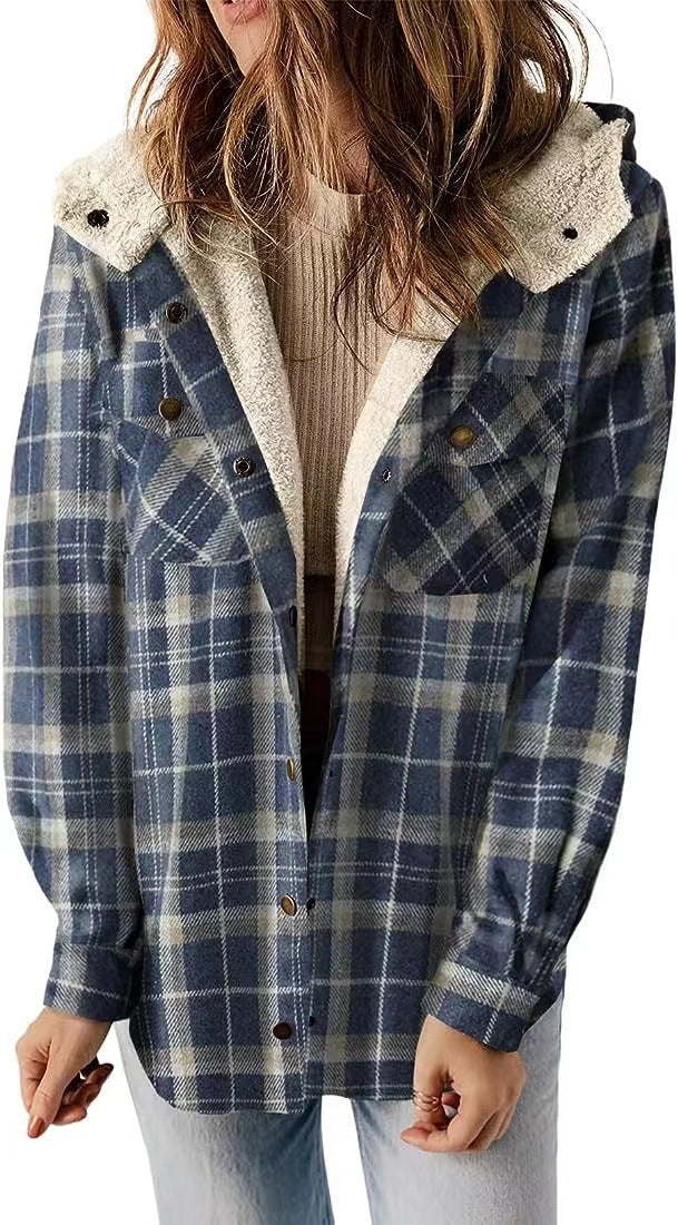 Women's Plush Shirt Casual Plaid Hooded Woolen Jackets