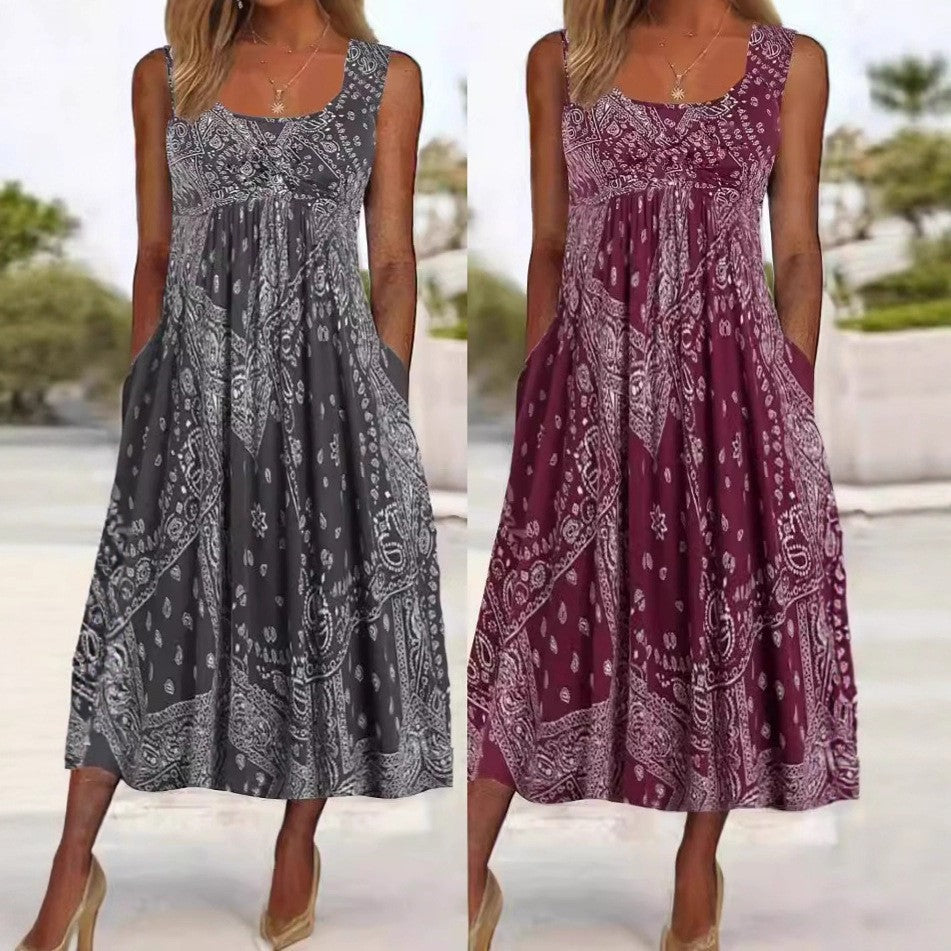 New Women's Retro Digital Print Sleeveless Dress