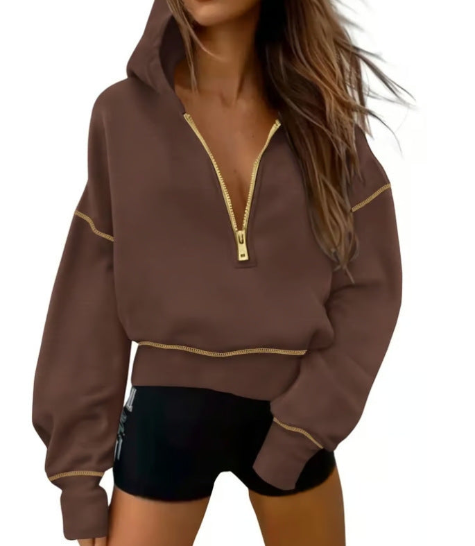 Women's Half Zipper Ladies Hooded Long-sleeved Fashion Sweaters