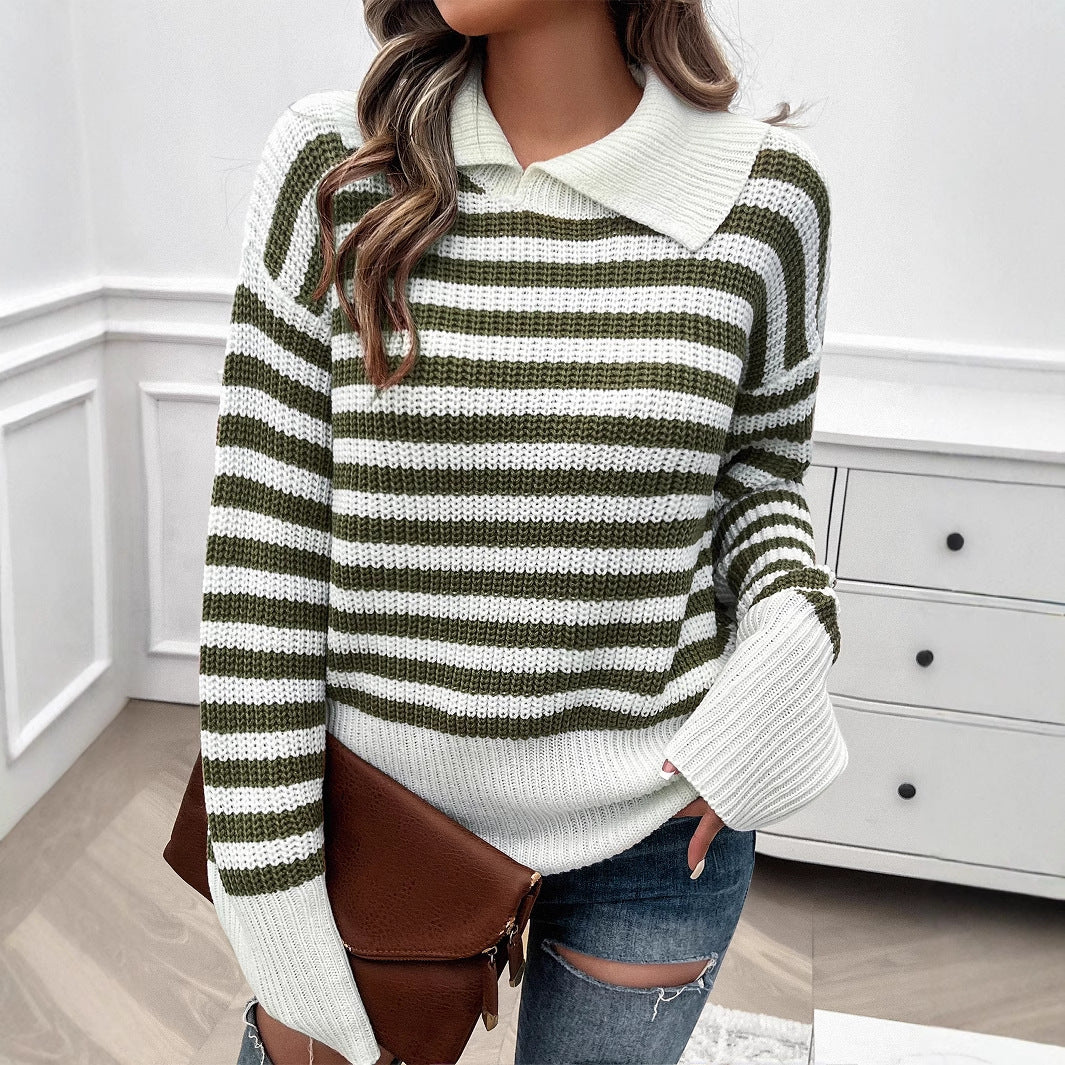 Women's Casual Simple Style Striped Lapel Sweaters