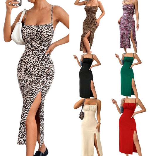 Autumn Spaghetti Straps Chest Wrap High Slit Leopard Print Dress