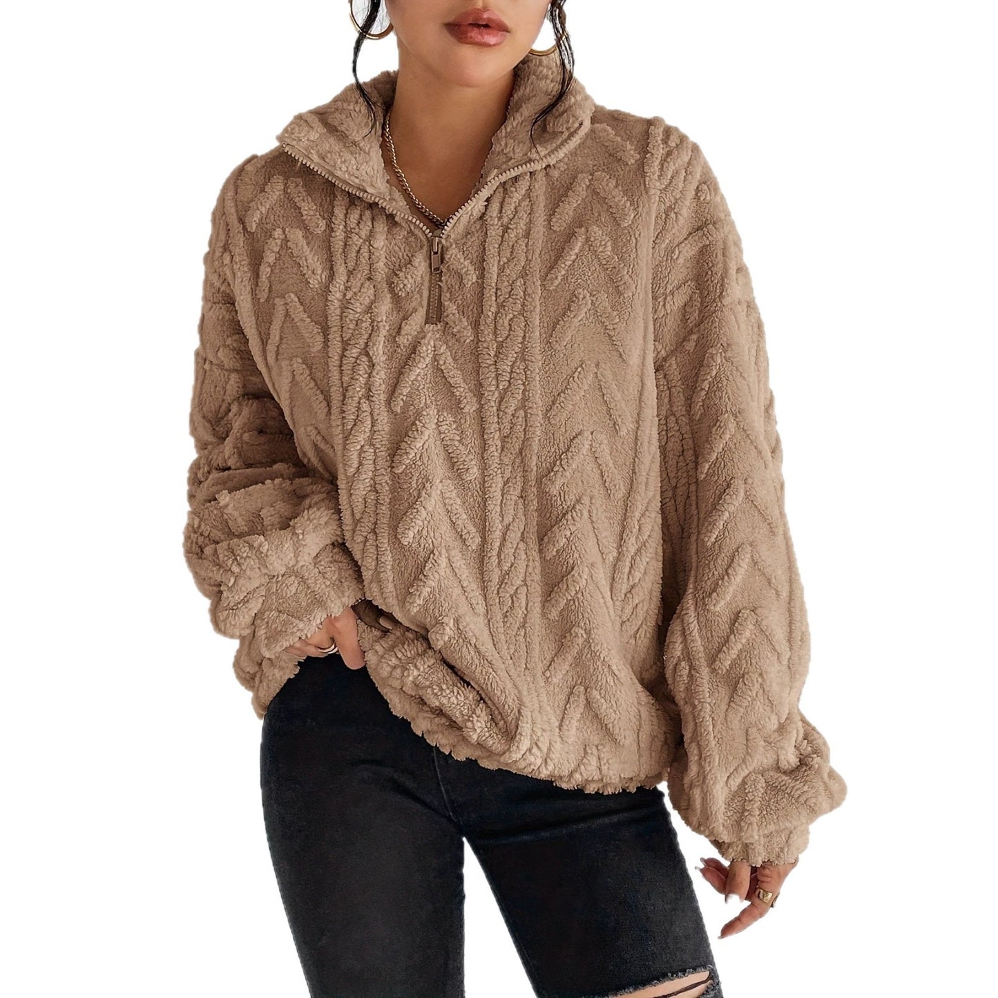 Women's Double-sided Plush Art Casual Zipper Pullover Women's Sweater, Sweater