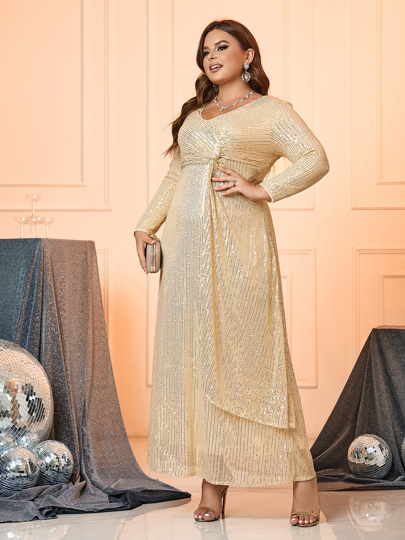 Women's Fashionable Elegant Pure Color Sequins Long Evening Dresses