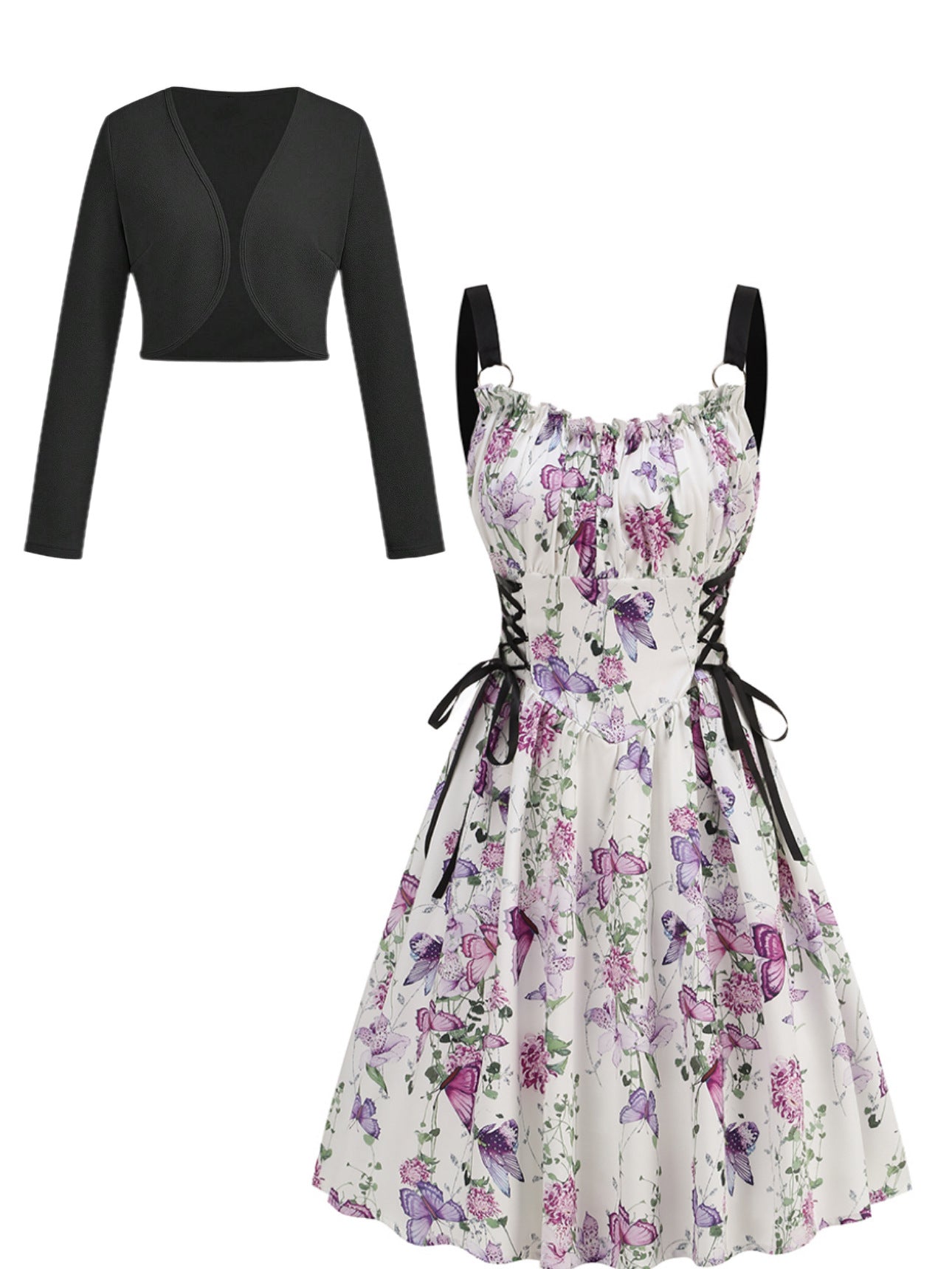 Women's Metal Ring Drawstring Elegant Printed Dress Two-piece Cardigans