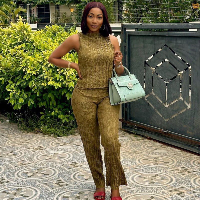 Women's African Wear Summer Niche Sleeveless Embossed Trousers Advanced Two-piece Suits