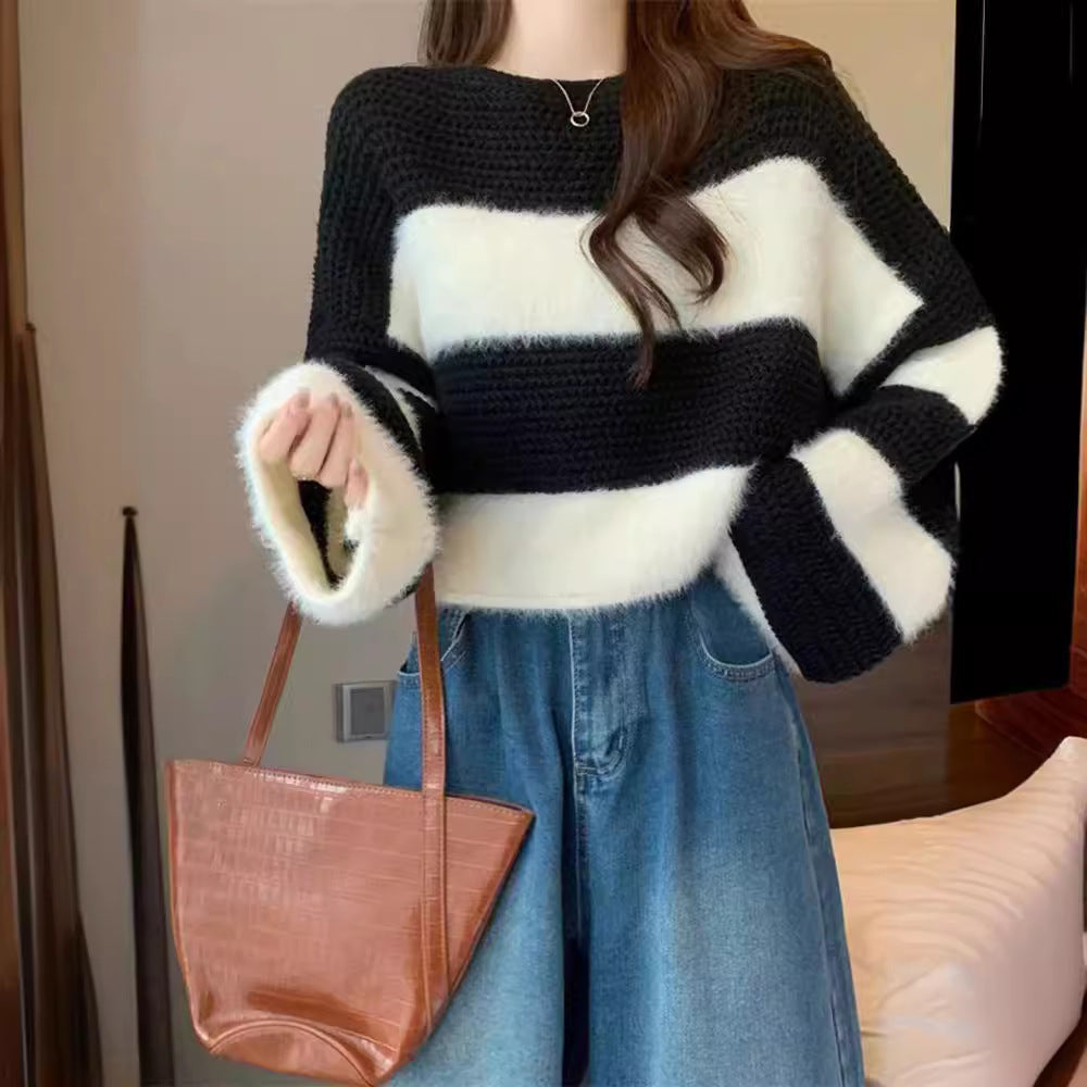 Women's Retro Loose Milk Lazy Striped Long Sleeve Tops