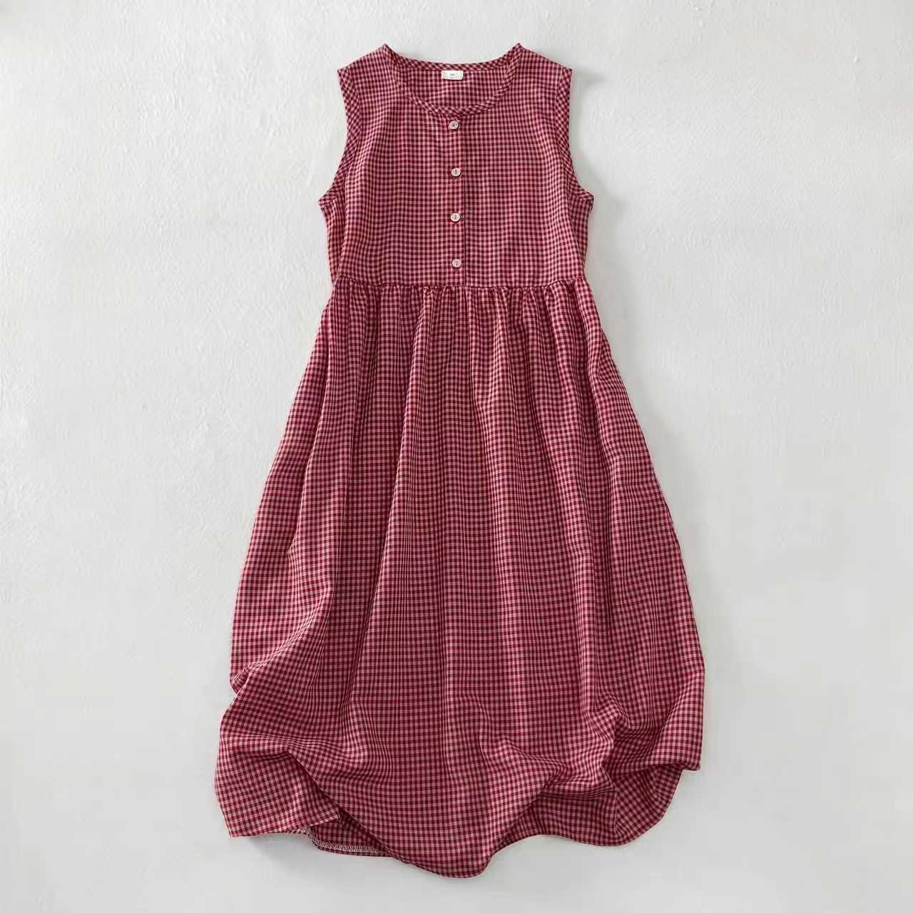 Cotton Linen Swing Loose Comfortable Breathable Plaid Sleeveless Vests