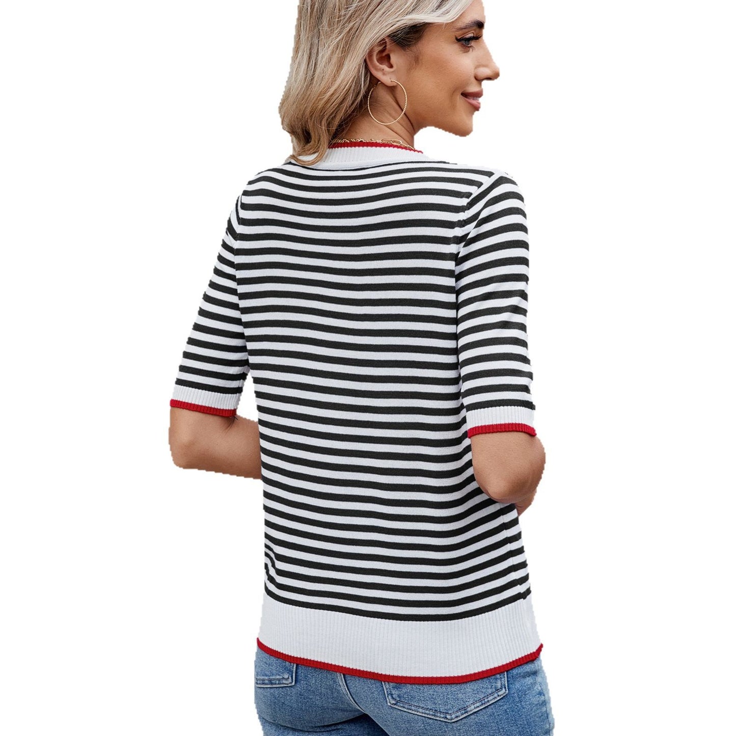 Women's Summer Stripe Knitted T-shirt Sleeve Ice Sweater