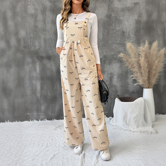 Sweet Style Bow Warm Corduroy Suspender Jumpsuits