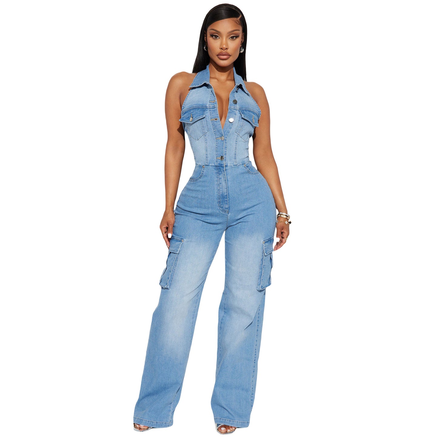 Waist Slim Elastic Washing Denim Straight Jumpsuits