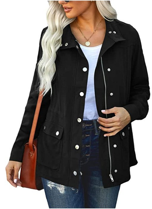 Women's Fashion Polo Collar Solid Color Pocket Fastener Jackets