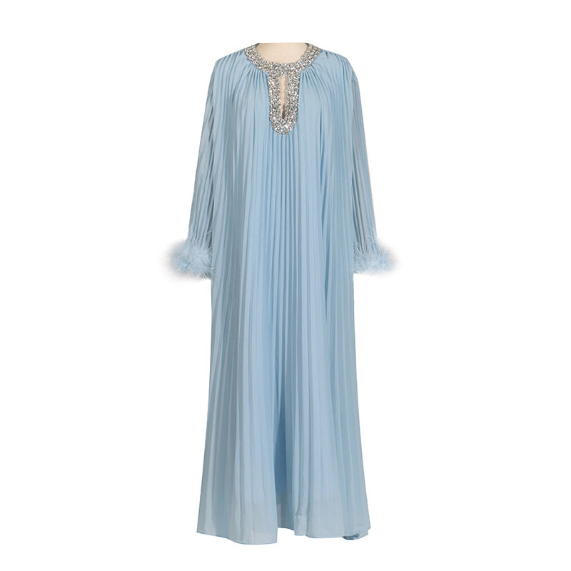 Women's Dress Round Neck Rhinestone Ostrich Fur Sleeve Stitching Pleated Dresses