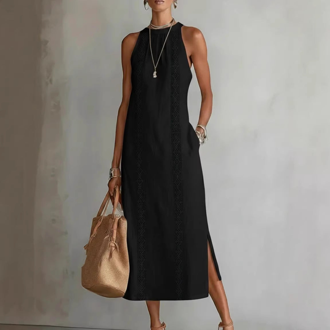 Women's Spring Clothes Halter Vacation Solid Color Lace Stitching Dress