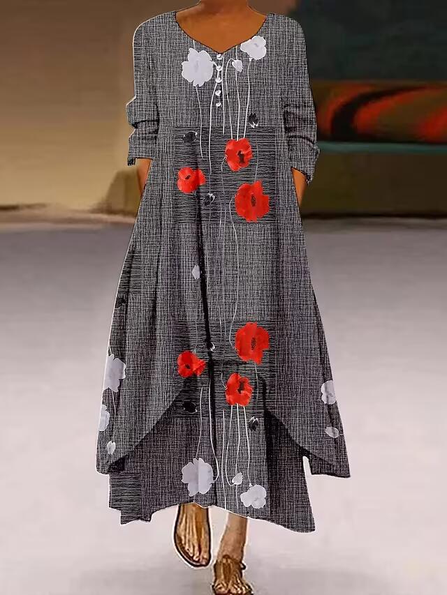 Women's Popular Printed Long-sleeved Hem Irregular Long Dress