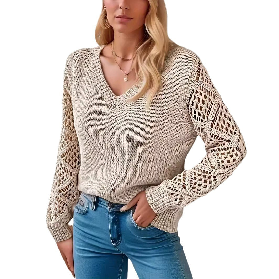 Women's Long Sleeve Hollow Out Pullover Crocheted Jacquard Loose-fitting Base Sweaters