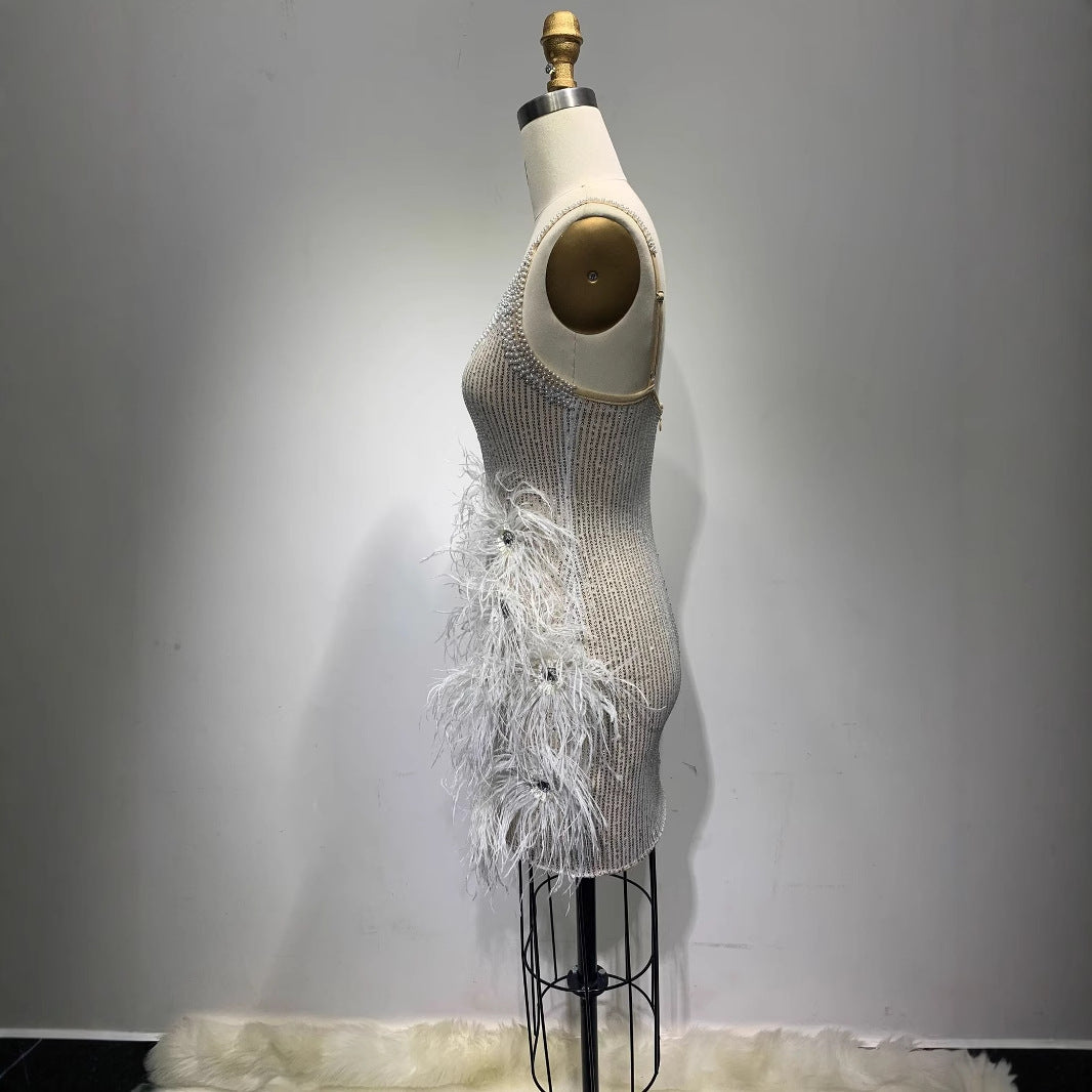 Sexy Strap Tube Feather Stitching Miniskirt Dresses