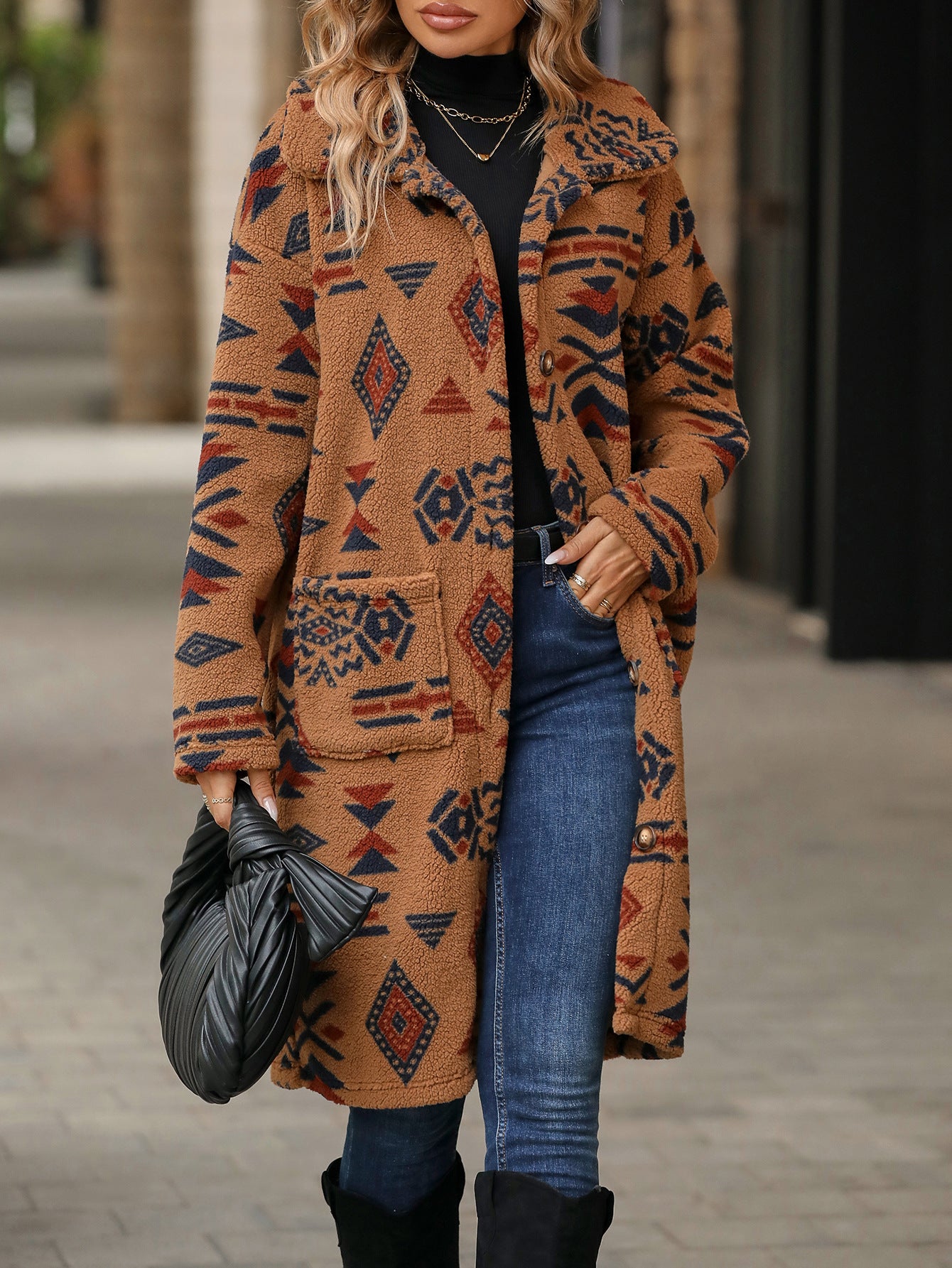 Women's Single-breasted Ethnic Print Plush Long Overcoat Coats