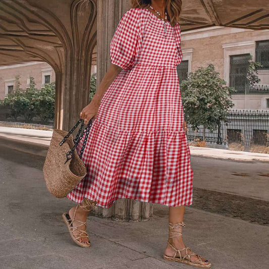 Women's Mid-length Casual Long Sleeve Plaid Frill Loose Dresses