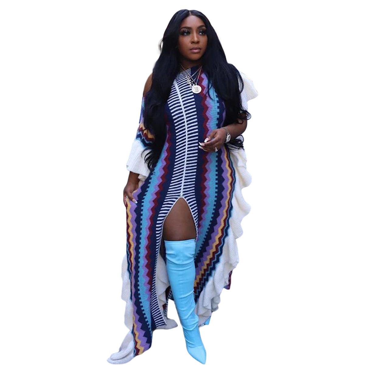 Women's Ruffled Knitted Striped Slit Long Dresses