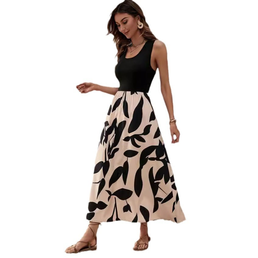 Summer Printed Round Neck Contrast Color Dress