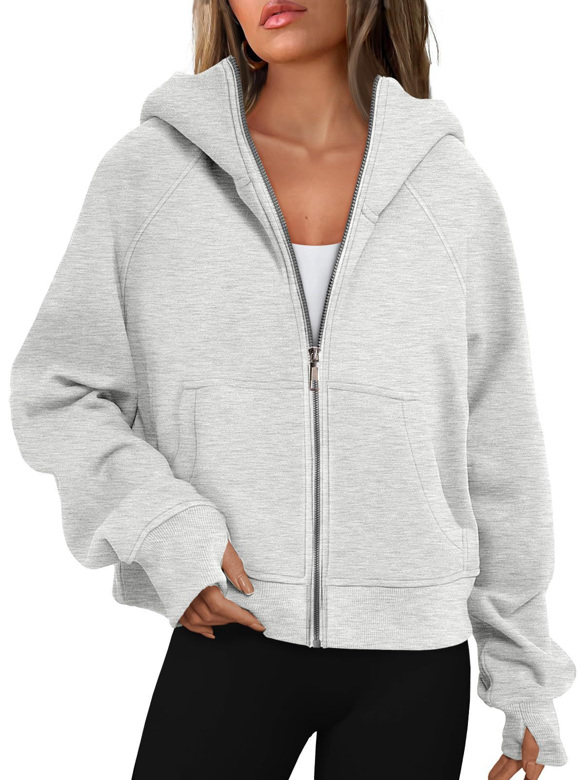 Women's Loose Zip Long Hooded Thumb Hole Brushed Women's Sweater, Sweater