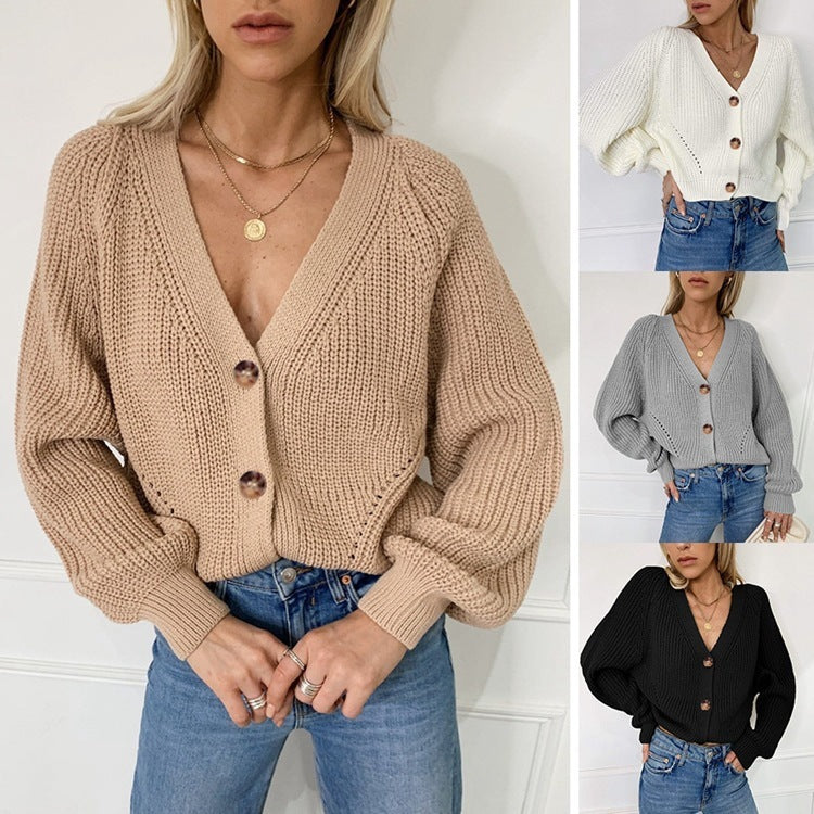 Women's Large Lantern Sleeve Solid Color Knitted Sweater
