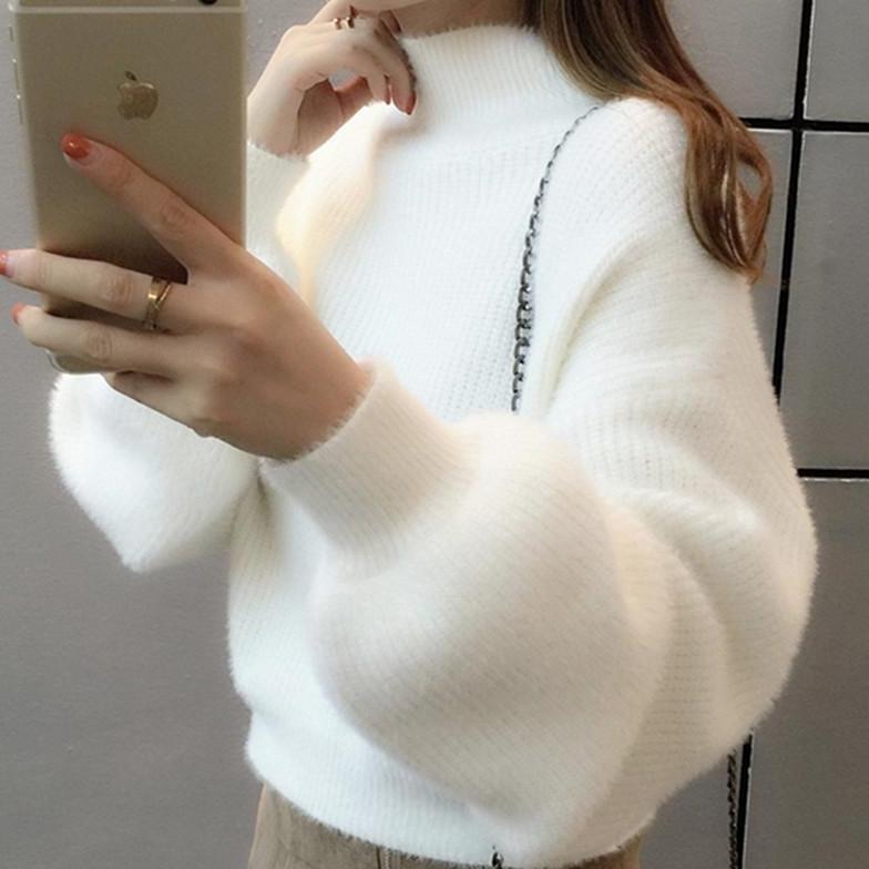 Women's Lantern Sleeve Loose Outer Wear Half Turtleneck Base Knitting Korean Sweaters