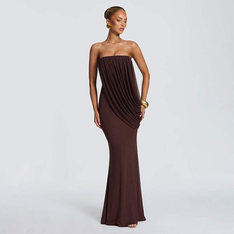 Women's Summer Elegant Pure Color Pleated Mesh Stitching Hip Dress
