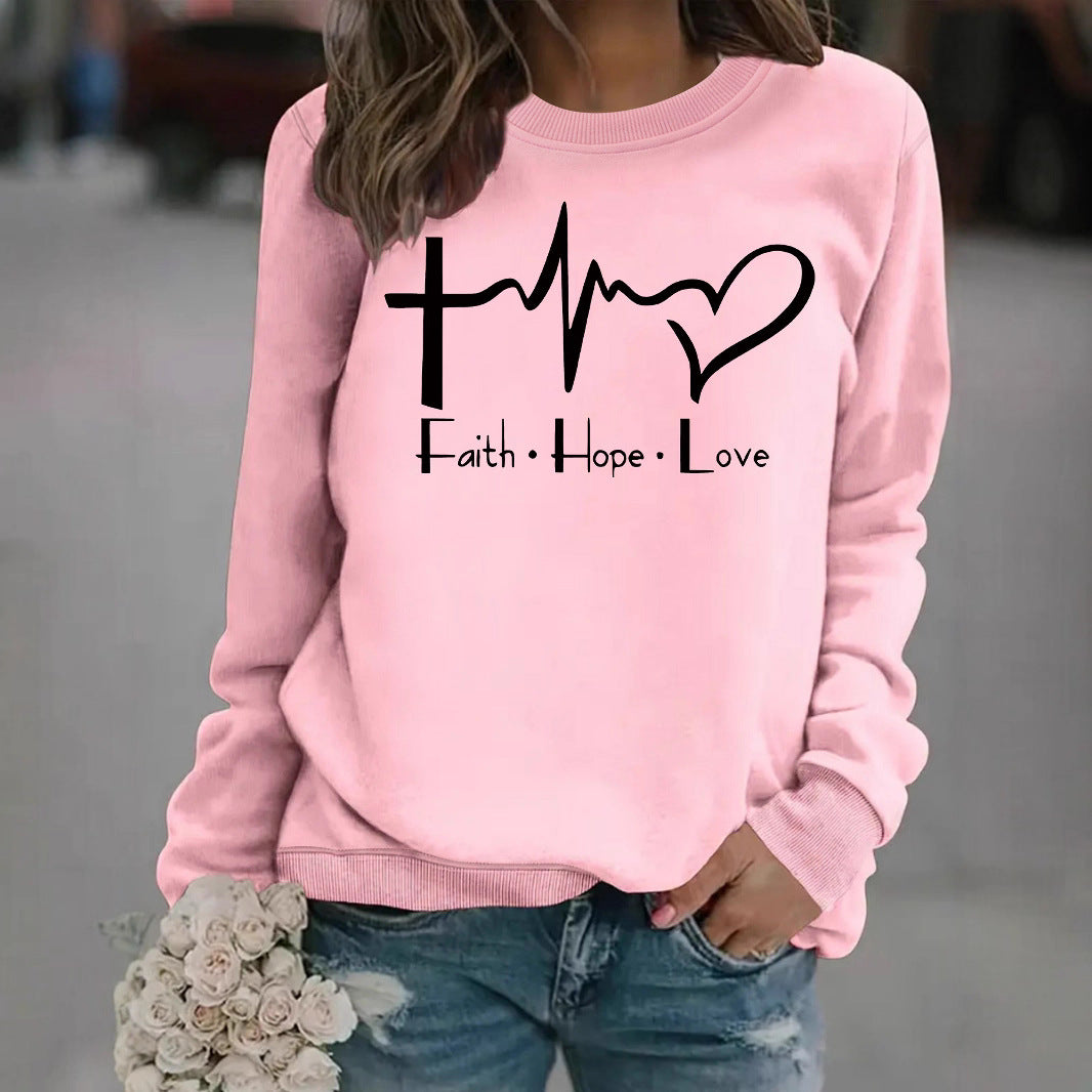 Women's Loose Casual Faith Hope Love Jump Printed Wear Round Neck Women's Sweater, Sweater