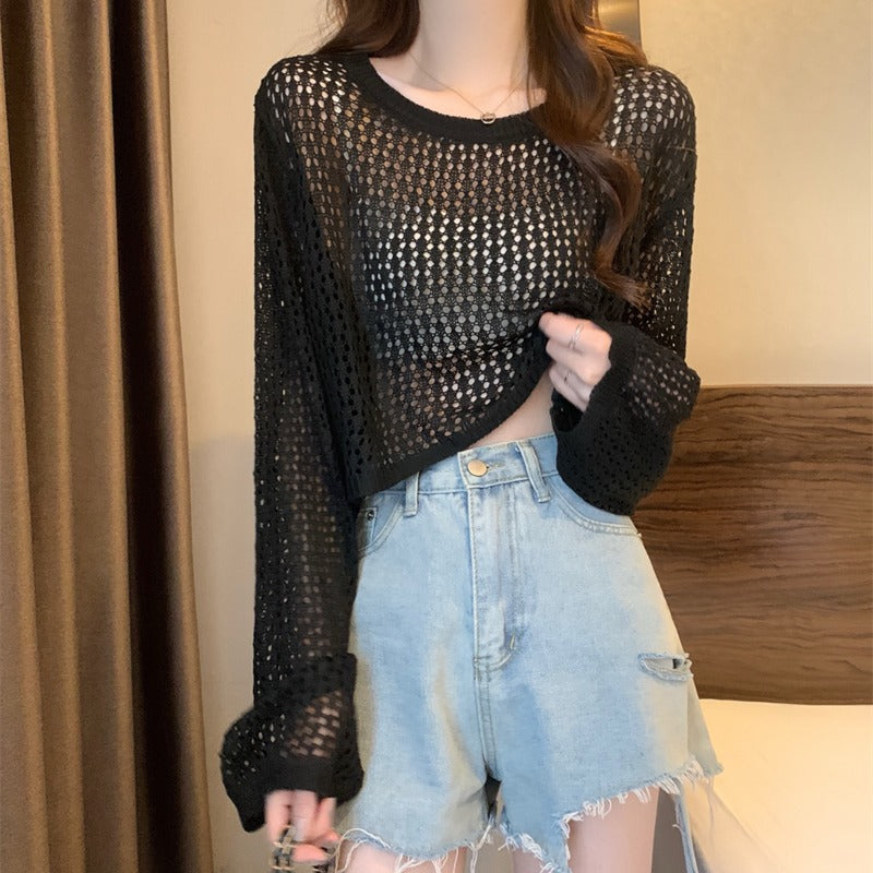 Women's Cutout Summer Tulle Mesh Candy Color Sweet Round Women's Sweater