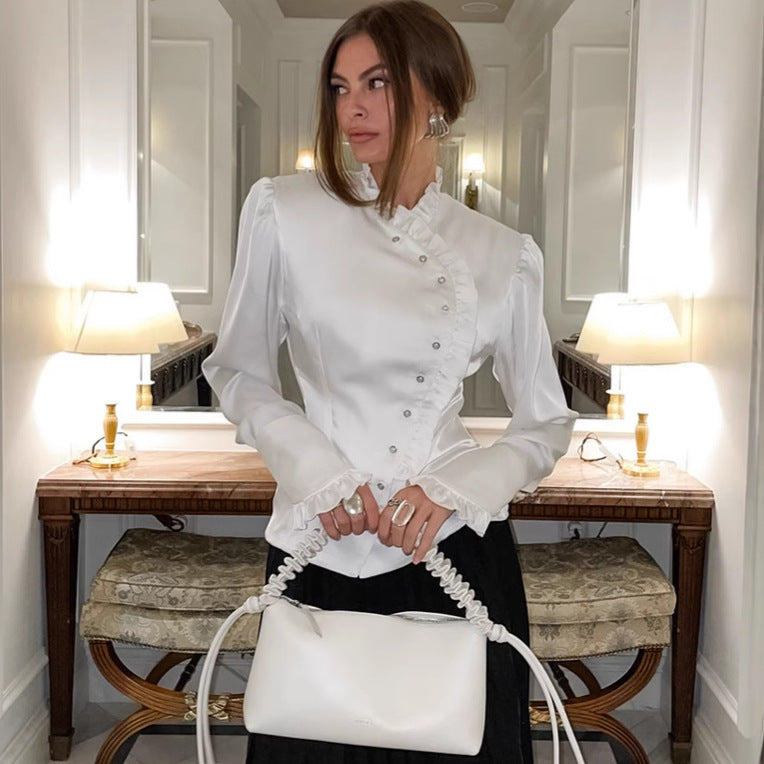 Women's Ruffled Long-sleeved Court Style Fashion Wooden Blouses