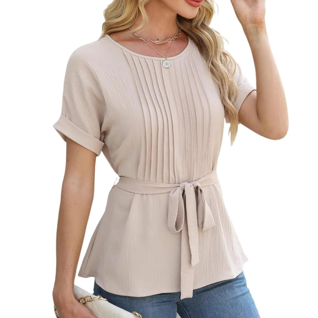 Women's Casual Shirt Ruffled Pleated Round Neck Blouses