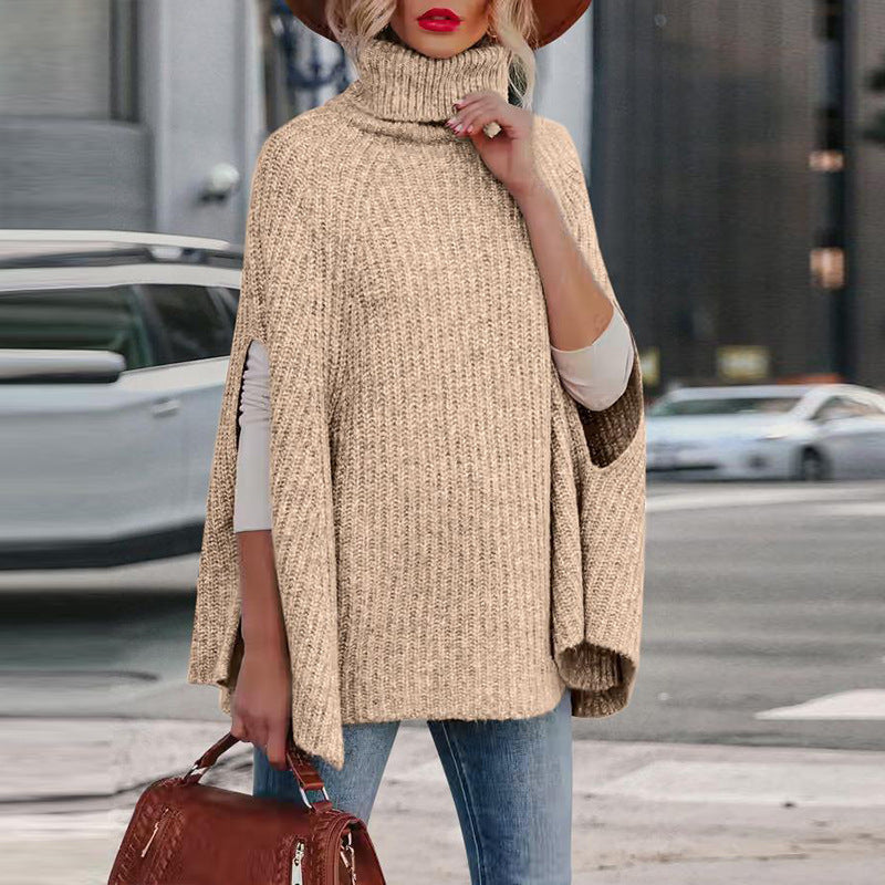Women's Solid Color Turtleneck Fashion Cloak Loose Sweater