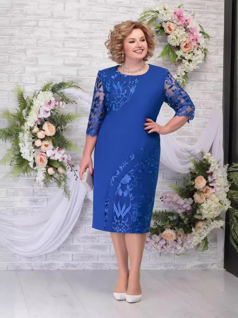 Women's Large Embroidered Dress Sleeve Round Neck Dresses