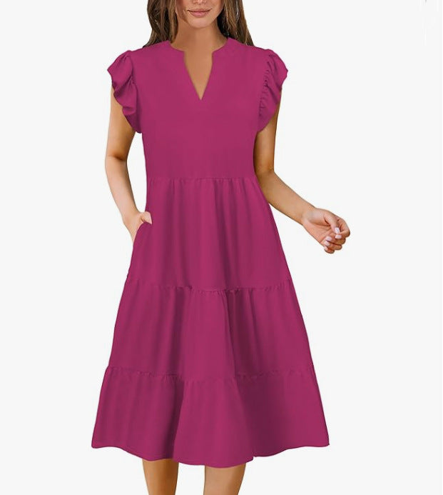 Women's Collar Ruffle Sleeve Mid-length Stitching Big Swing Dress