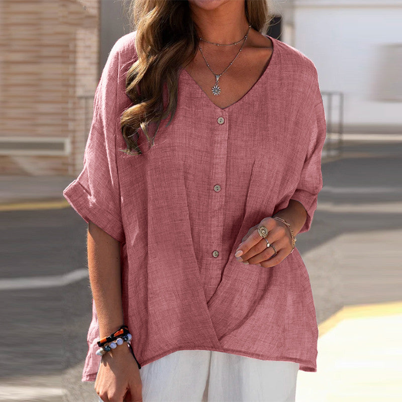 Women's Cotton Linen Pullover Sleeve Loose Shirt Blouses